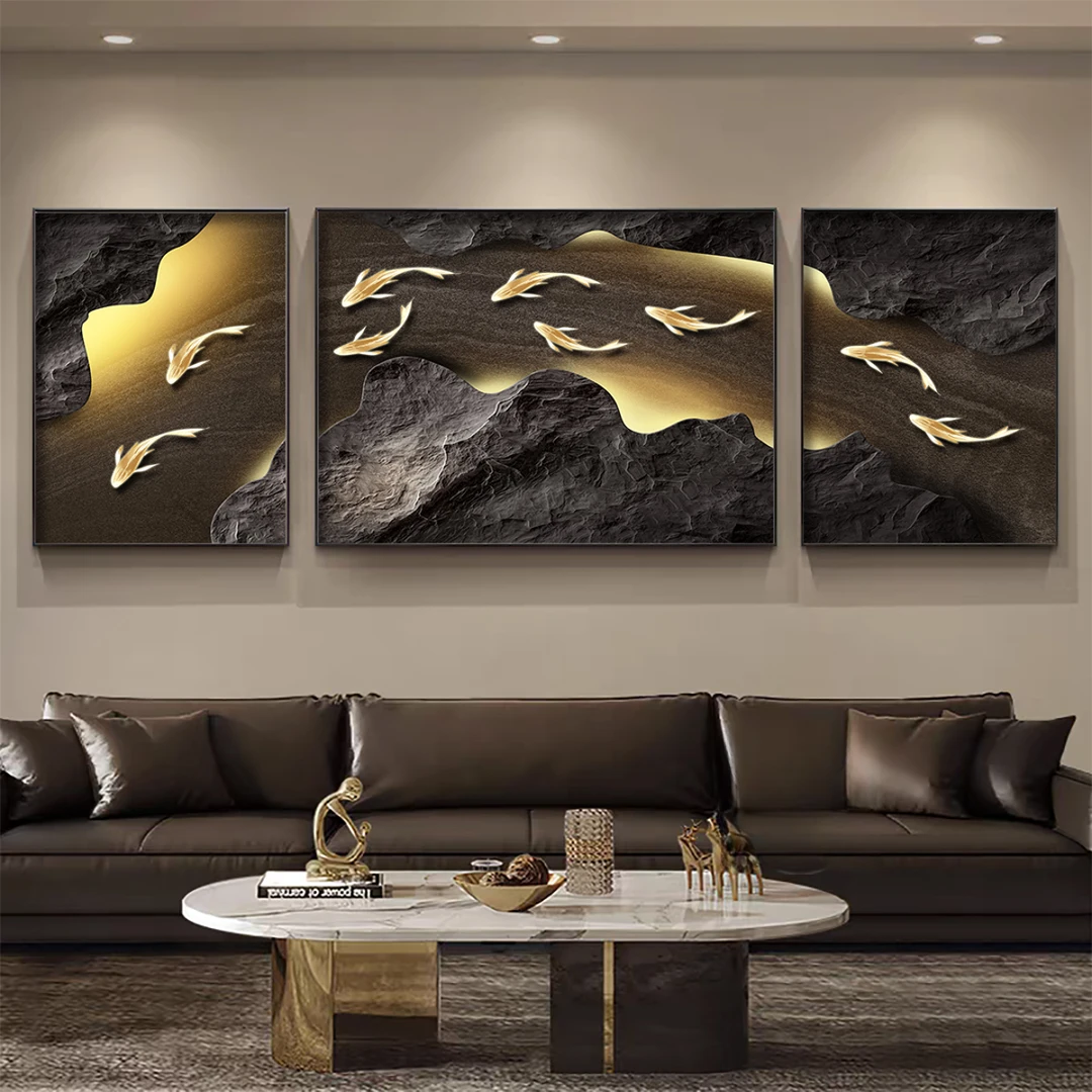 现代轻奢客厅装饰画九鱼图沙发背景墙挂画2025新款高级感三联壁画