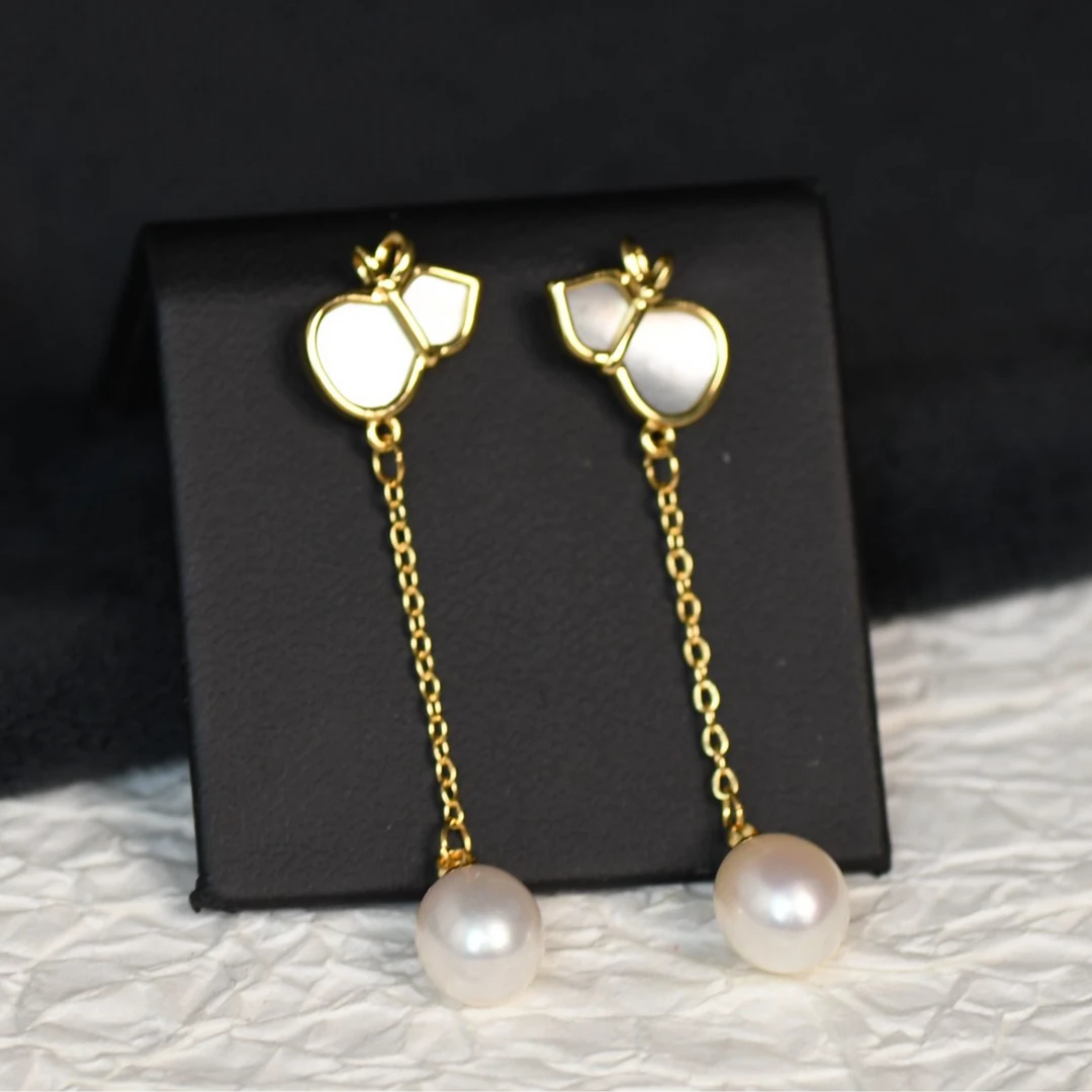 【Z150】简约金色葫芦长款珍珠银针耳环高级感时尚耳饰