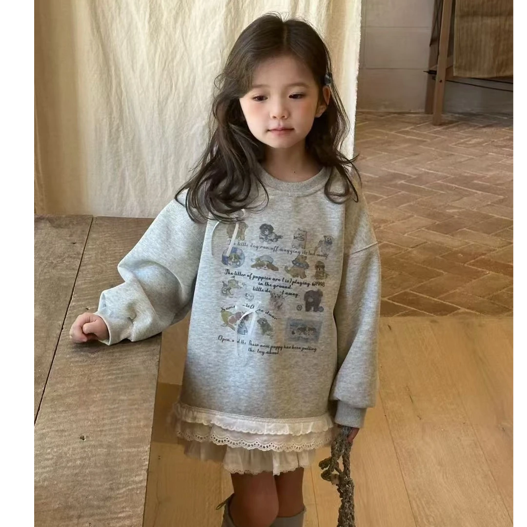 熙爱2025春夏新款女童甜美风下摆拼接花边圆领时尚卫衣12292