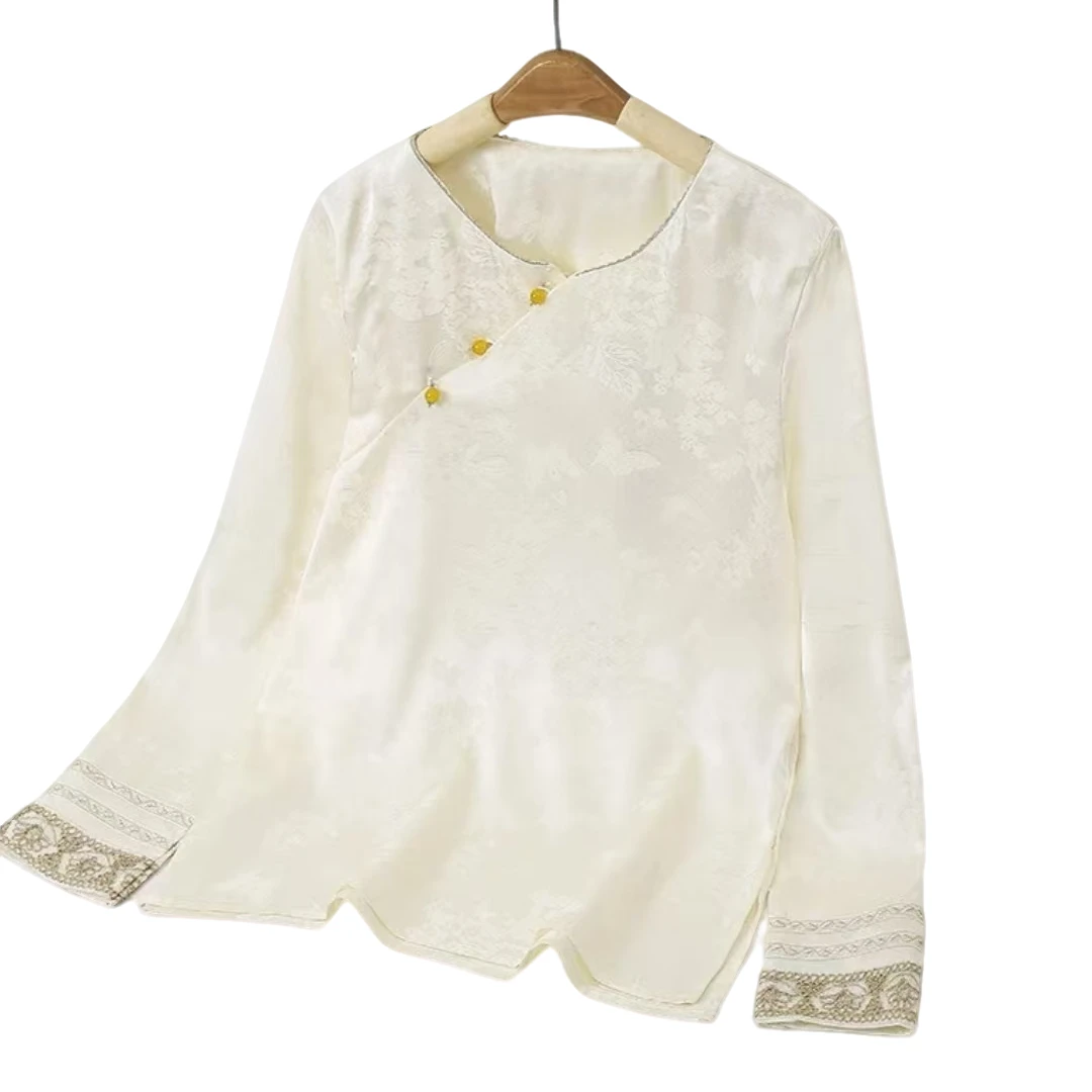拼接圆领提花上衣新国风提花衬衫女装小衫打底复古斜襟重工