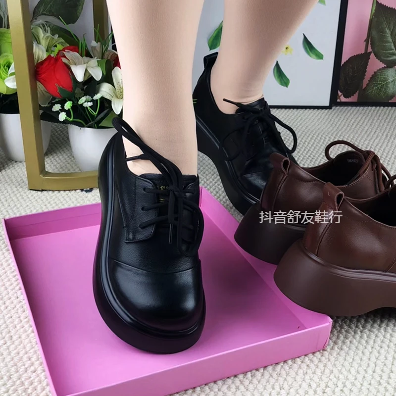 真皮女鞋春秋季新款牛皮圆头系带厚底松糕底单鞋英伦乐福鞋妈妈鞋