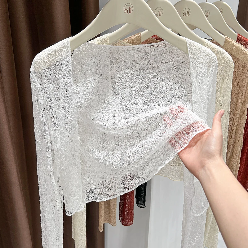 高级感白色蕾丝小开衫女洋气外搭防晒披肩上衣新款肌理感长袖外套