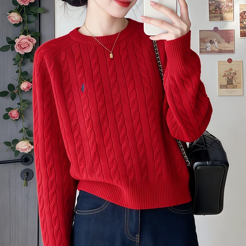 红色毛衣女新年时尚洋气小马刺绣打底衫女内搭麻花针织长袖上衣