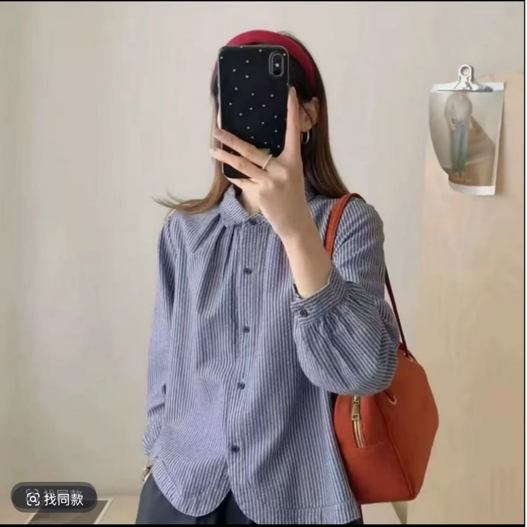 (棉)新款秋季长袖气质减龄复古港风设计感条纹