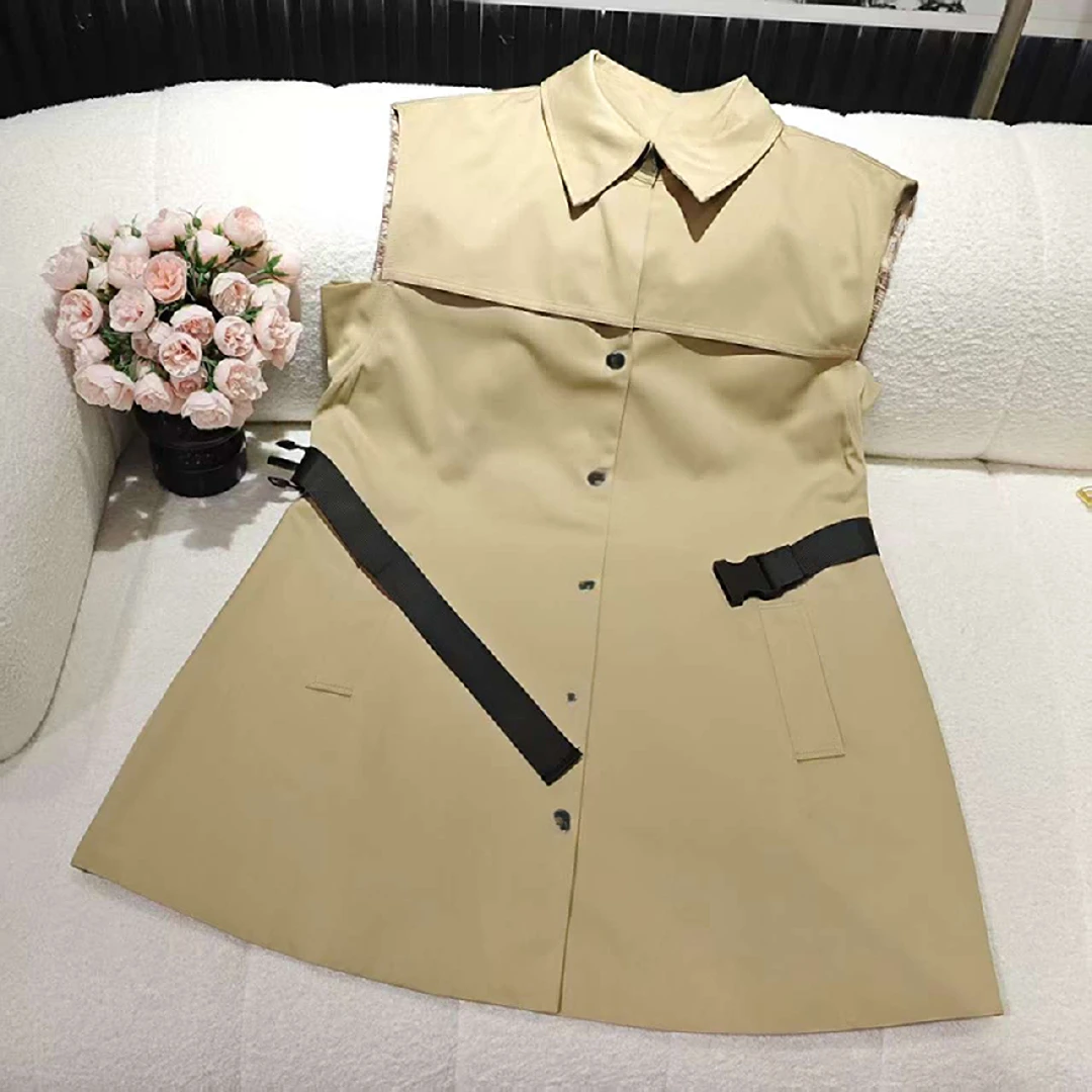 5691高腰无袖腰带风衣连衣裙设计师拼接休闲梭织连衣裙