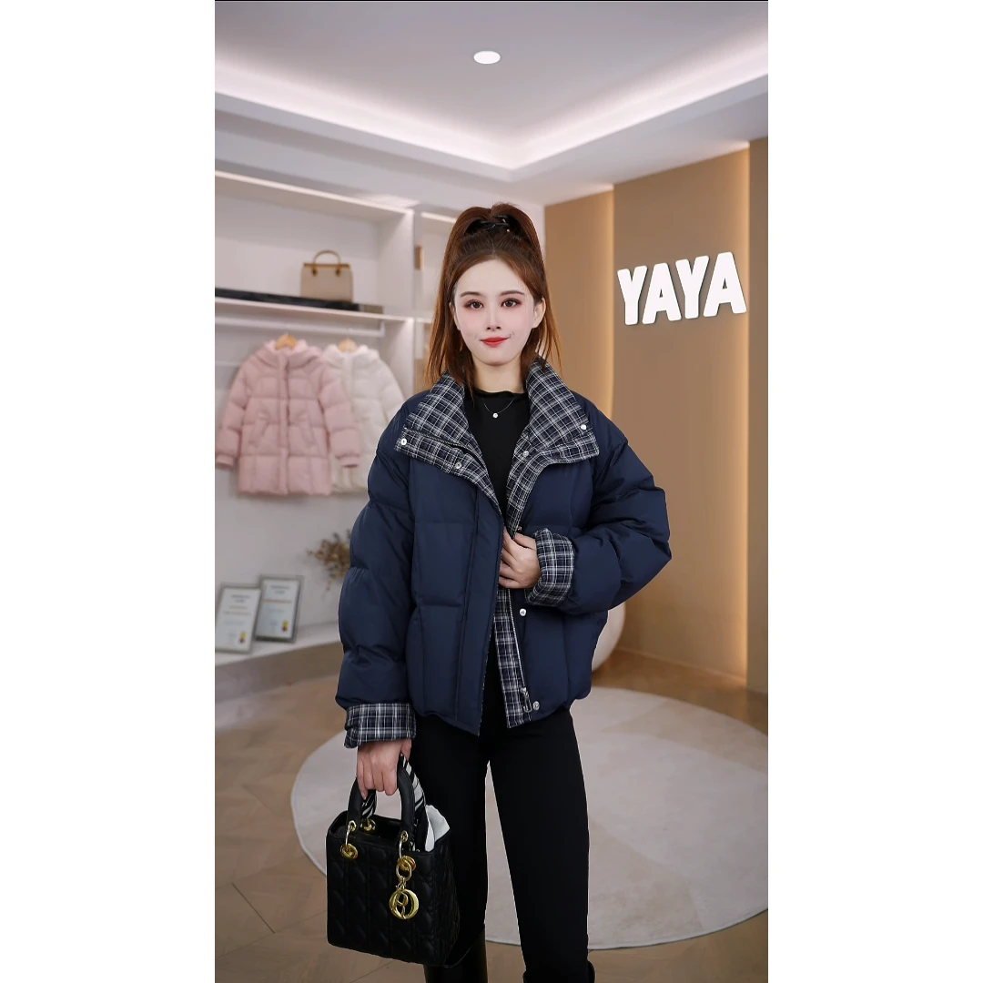 YAYA/鸭鸭羽绒服宽松短款中国风立领格子小个子秋季百搭时尚休闲