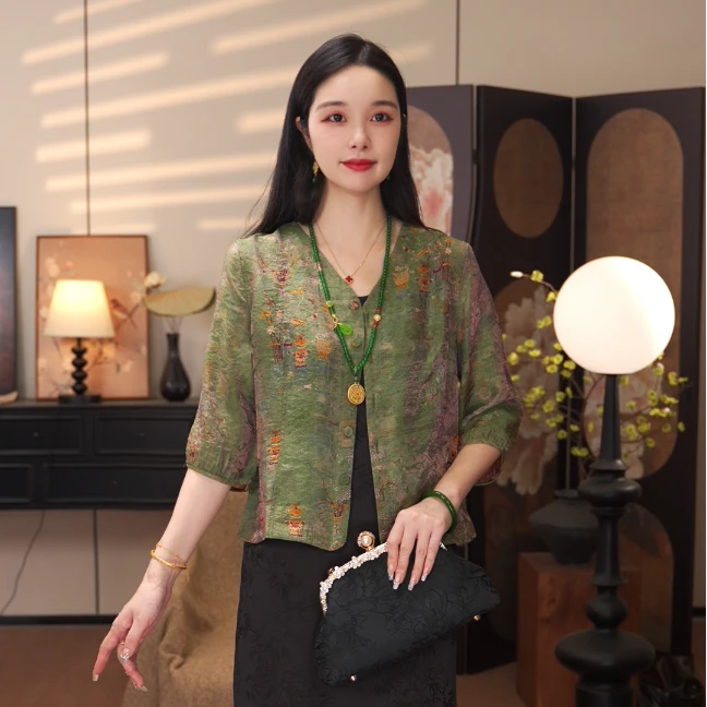 【碧月】2025新款春夏半袖外套新中式宽松气质显瘦上衣女款