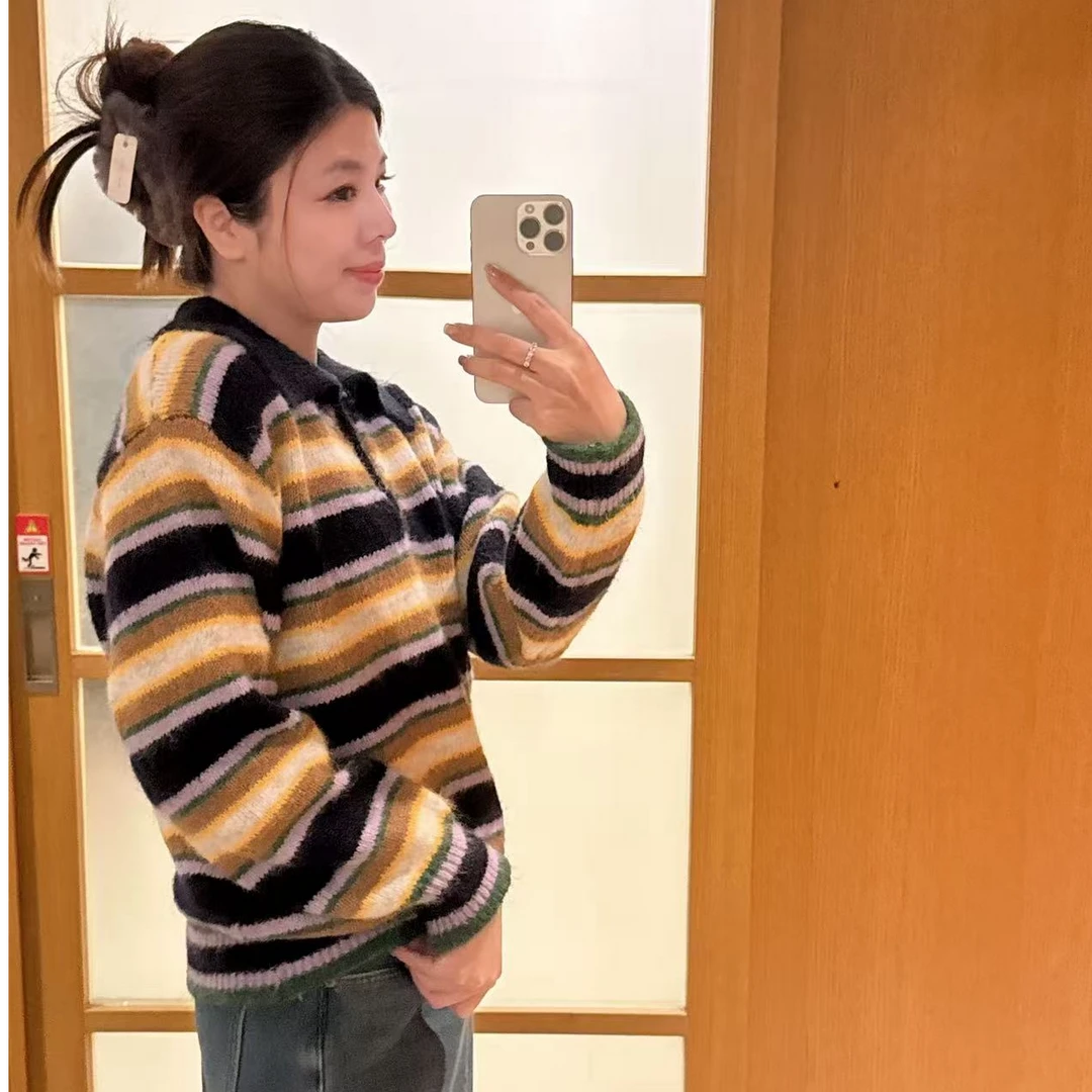 ENMA韩版polo领长袖毛针织衫针织宽松型上衣毛衣拼接条纹洋气