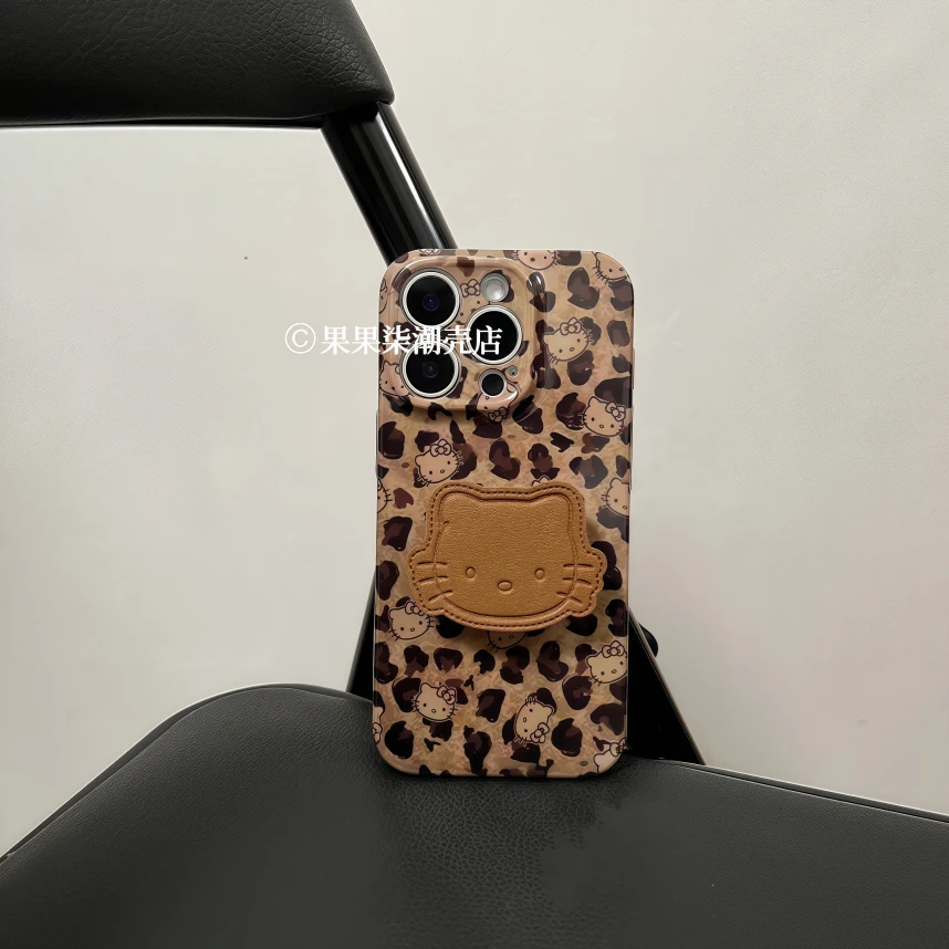 欧美风豹纹kt支架适用苹果16promax手机壳iPhone15全包14新款13硬