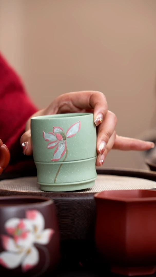 【闪购商品】紫砂茶壶豆青砂竹节杯荷花