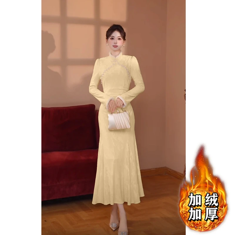 【瑞瑞定制】【加绒加厚】黄 2025新中式连衣裙秋冬收腰显瘦裙子D4143