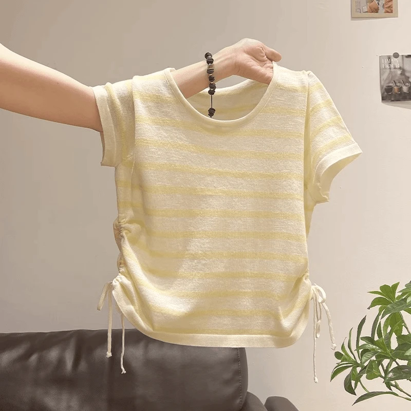 夏季奶黄色条纹抽绳褶皱显瘦t恤洋气衣服女短袖纯欲慵懒风女装潮