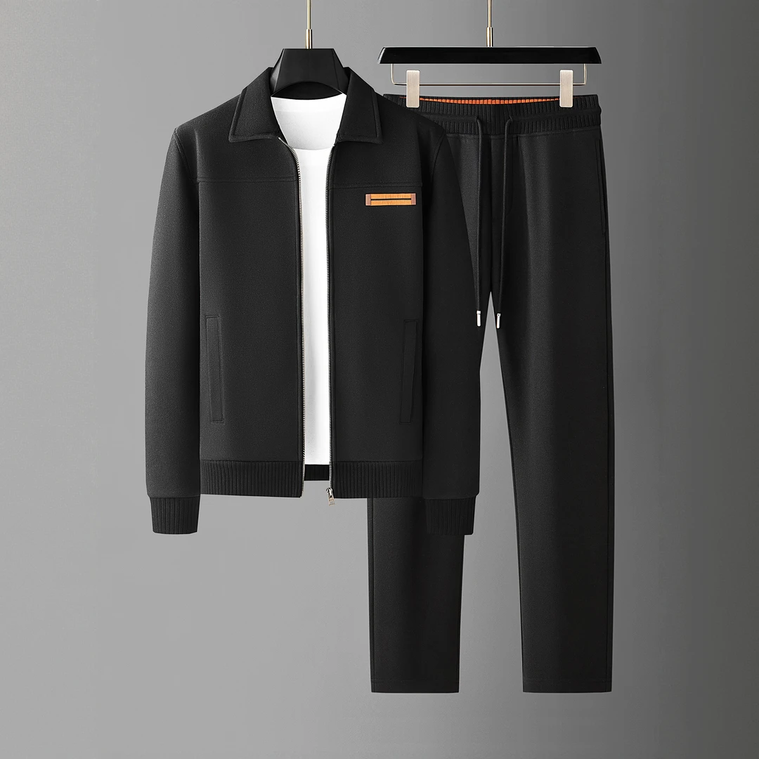 肯梅灵列意式老钱风保暖加绒厚羊毛呢两件套翻领开衫休闲运动套装