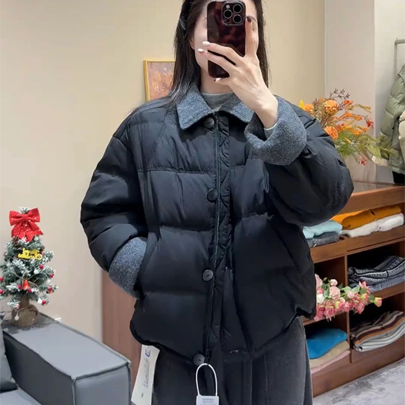 时尚翻领撞色棉服女2025冬季新款小个子宽松百搭保暖设计感短外套