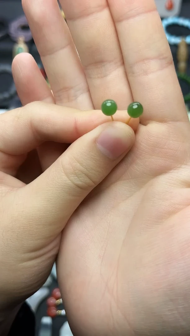 银S925镶嵌和田玉耳饰卡6圆珠耳钉06