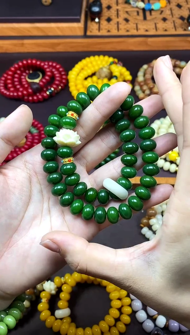 手串白玉菩提翠微 绿菩提双圈手串带莲花