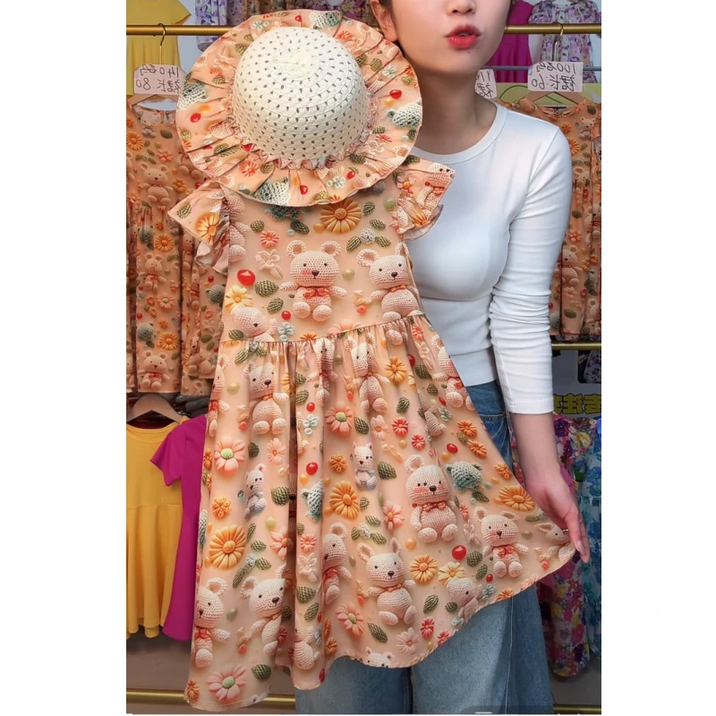 女童连衣裙2025夏季新款洋气女孩卡通森系时尚气质小飞袖公主裙子