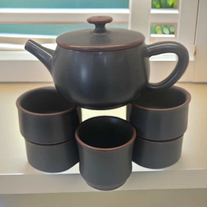 二号230cc左右左右坭兴陶天篮色手工汉瓦壶～套装一壶带五杯