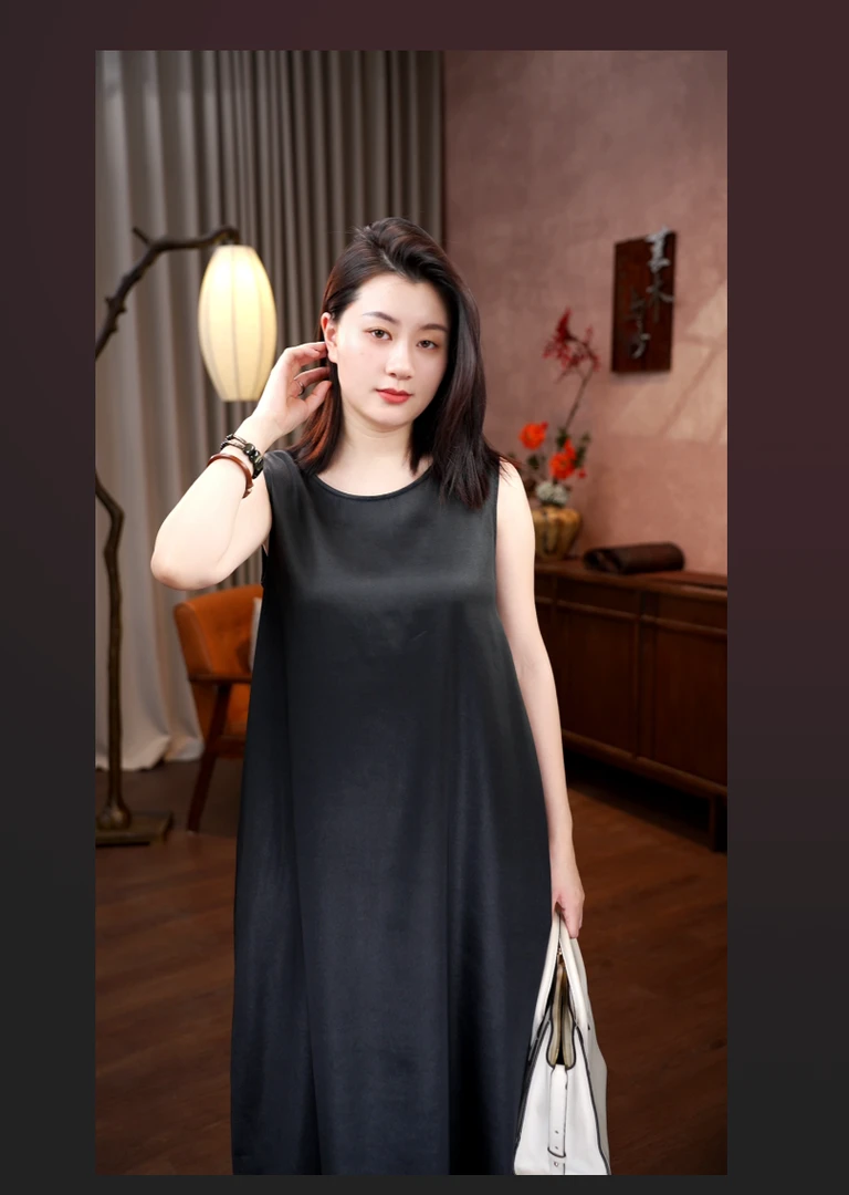 莨木与纱-香云纱弹力缎简约休闲背心裙