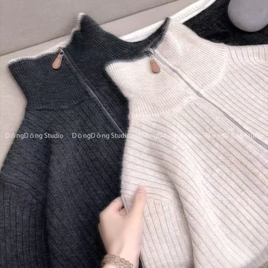 秋冬新品【皮标蜜熊】半高领拉链套头纯色宽松长袖针织衫毛衣 7091