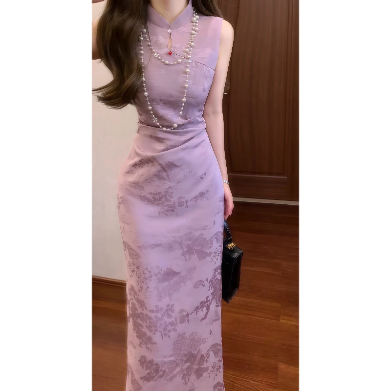 新中式国风紫色气质立领改良旗袍连衣裙收腰皱褶修身长裙9407