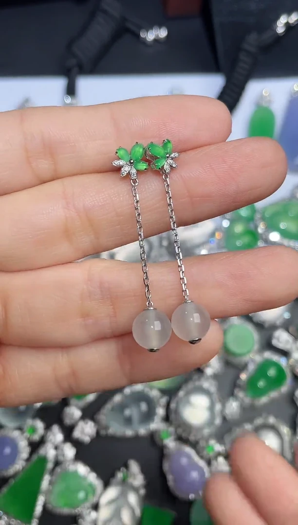 18K金镶嵌翡翠耳坠18k金镶高冰流苏耳坠