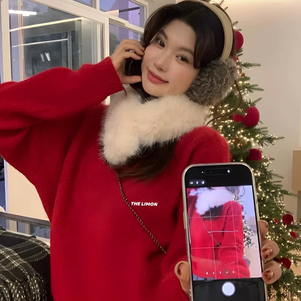 冬日想象家柠檬绿茶毛领保暖毛衣女冬季加厚针织衫(配毛领可拆卸)