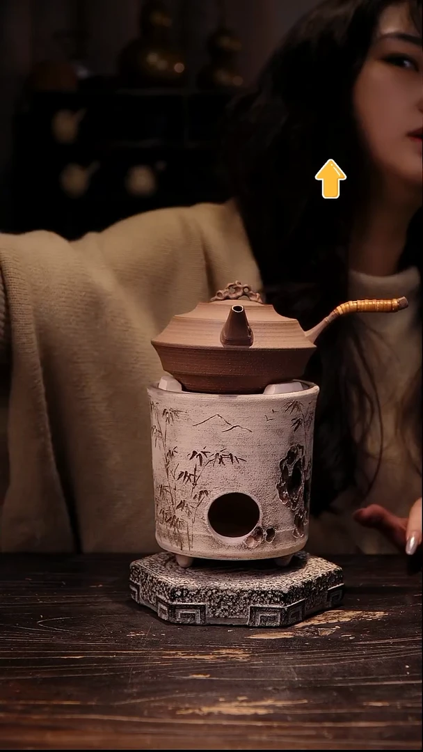 纯手工珊瑚石侧把加白泥三足雕刻炉