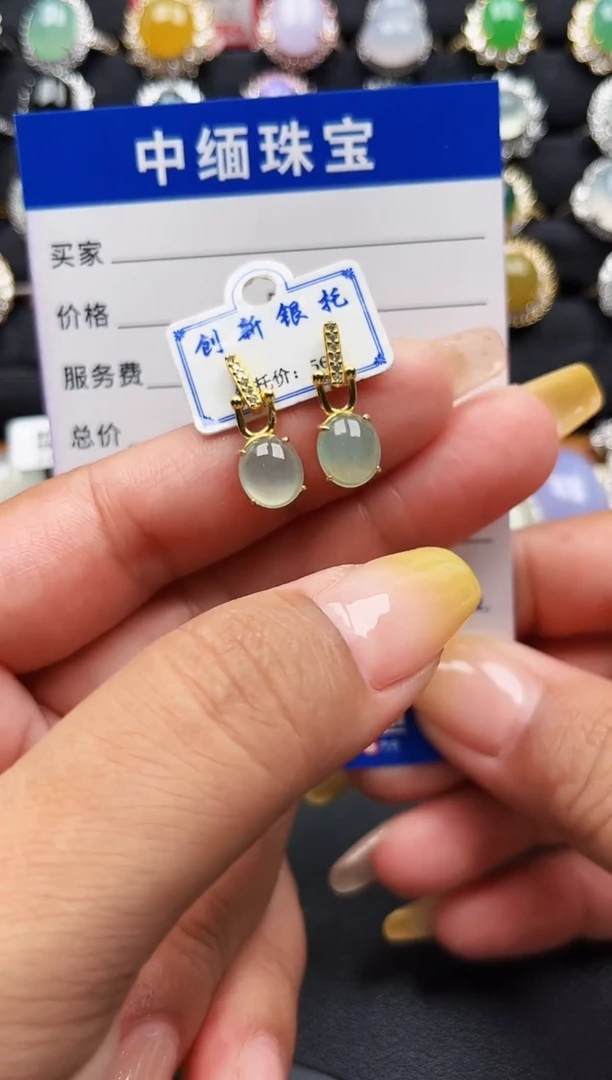 翡翠银S925镶嵌耳饰缅甸天然A货翡翠S925银镶嵌