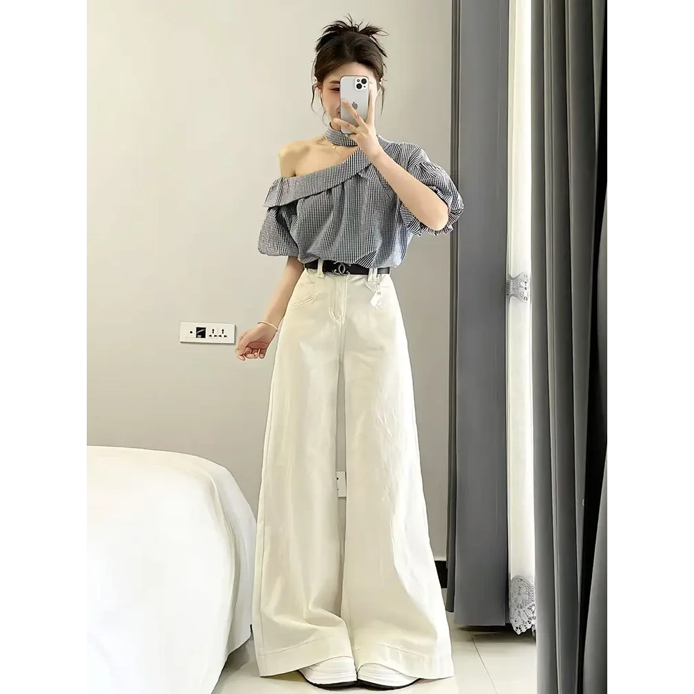 2025夏季新款法式气质职场通勤穿搭格纹斜肩衬衫高腰阔腿裤两件套