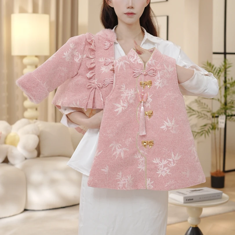 【珠】冬季女童粉色夹棉加厚国风新中式上衣外套背心裙套装30911