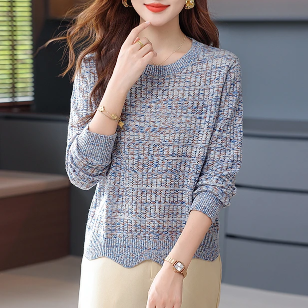 羊毛秋季新款圆领长袖毛针织衫荷叶边扎染气质套头上衣女百搭女装