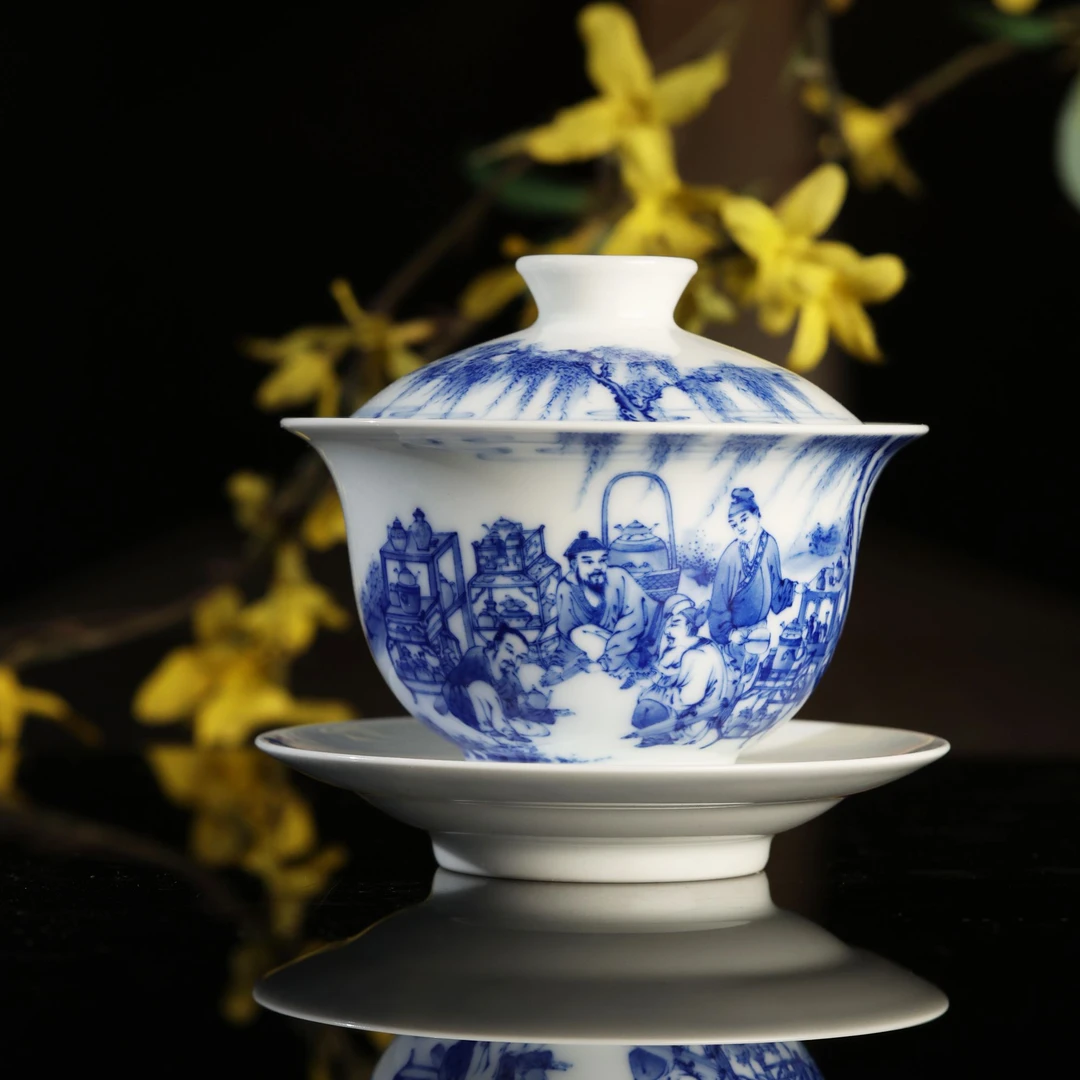 【九段烧】九段妙手人物斗茶图盖碗 手绘 纯手工 中式 家用 陶瓷