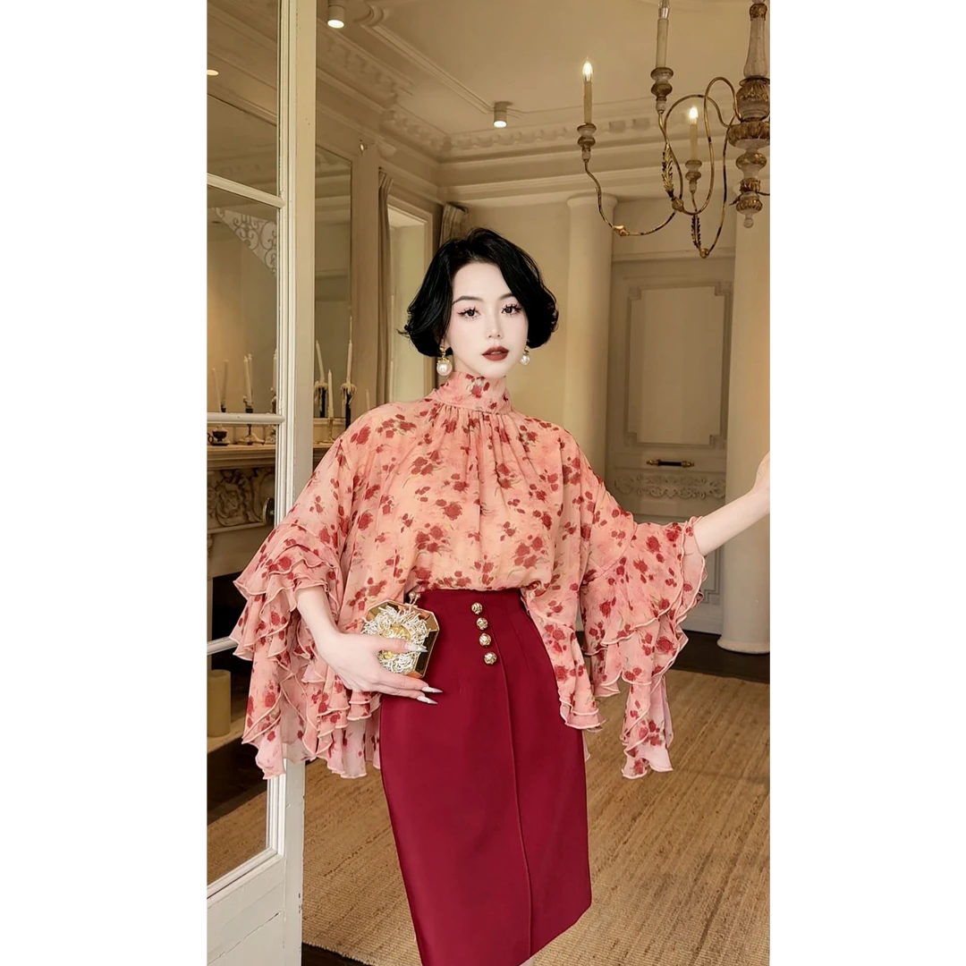 LYXJ【伊芙甸花园】高级原创设计法式浪漫风上衣雪纺印花碎花11883