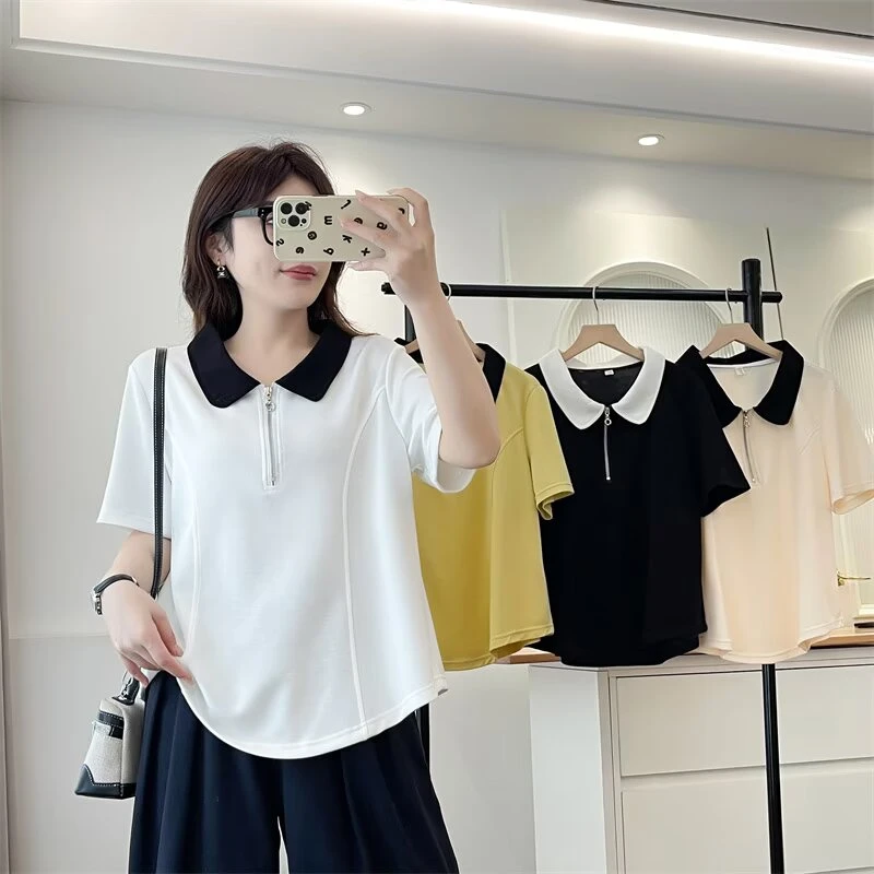 鑫静大码【926】POLO领撞色拼接短袖T恤时尚休闲上衣遮肉显瘦减龄女