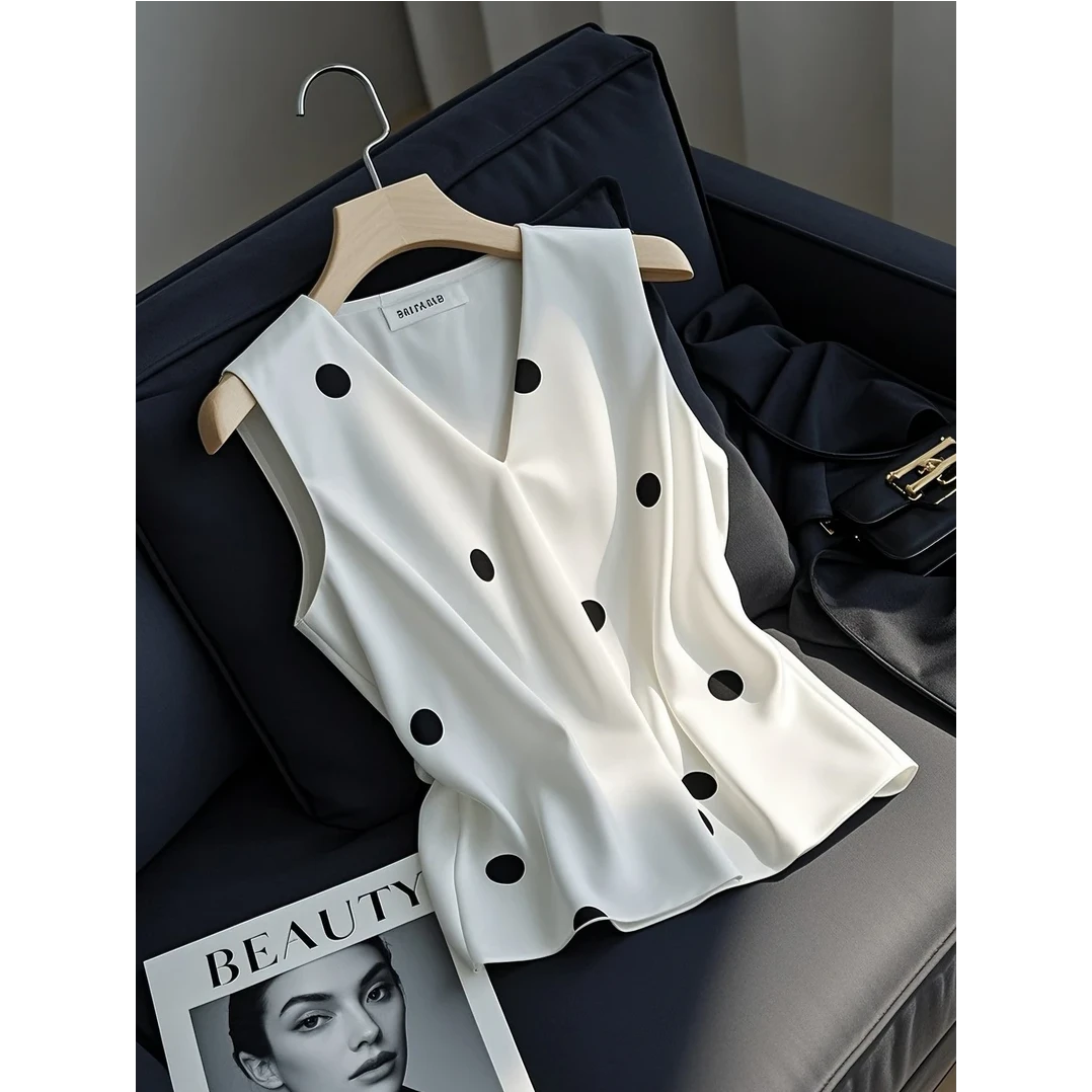 2025年夏季新款韩版时尚百搭宽松显瘦T恤洋气V领无袖波点上衣女装