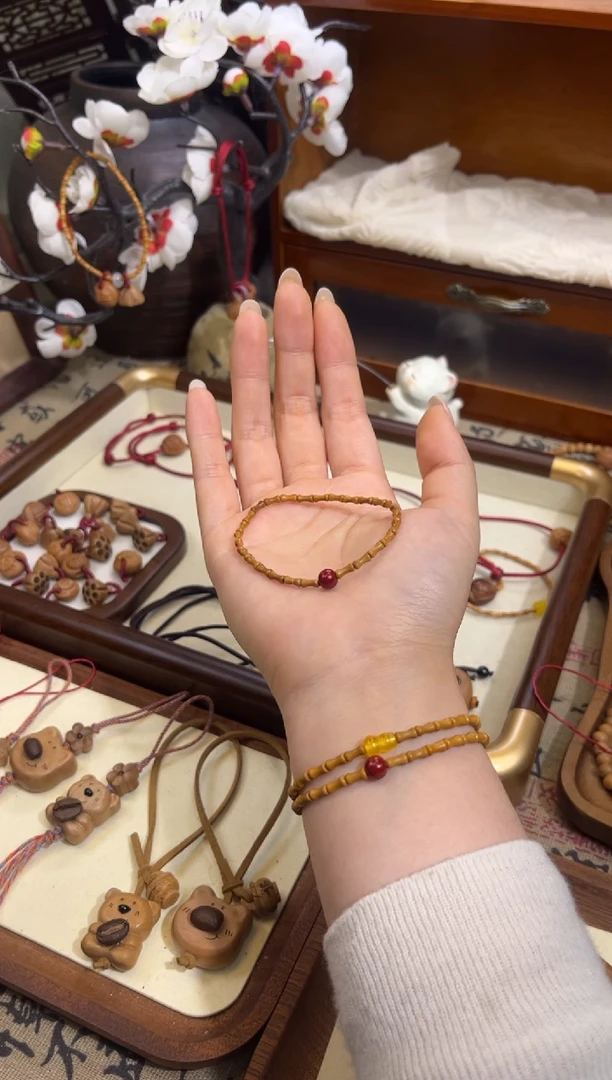 手串桃核【桃缘行】竹节「红色莎莎」桃木桃核辟、挡、驱、护 备注手围