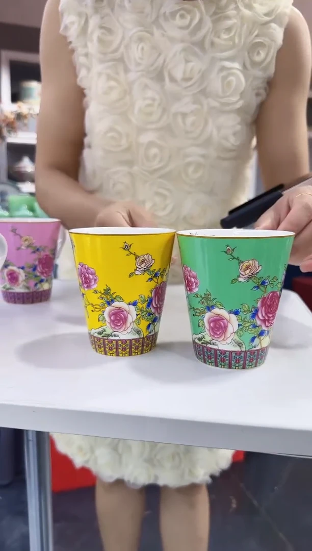 珐琅 牡丹花卉水杯2只装景德镇陶瓷