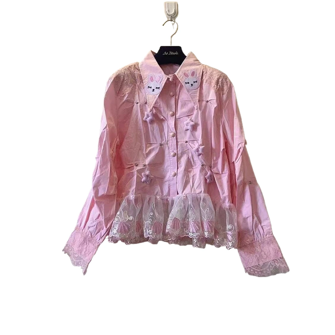 ATT潮牌女装2024秋欧洲站度假风拼接甜美花卉重工时尚卫衬衫