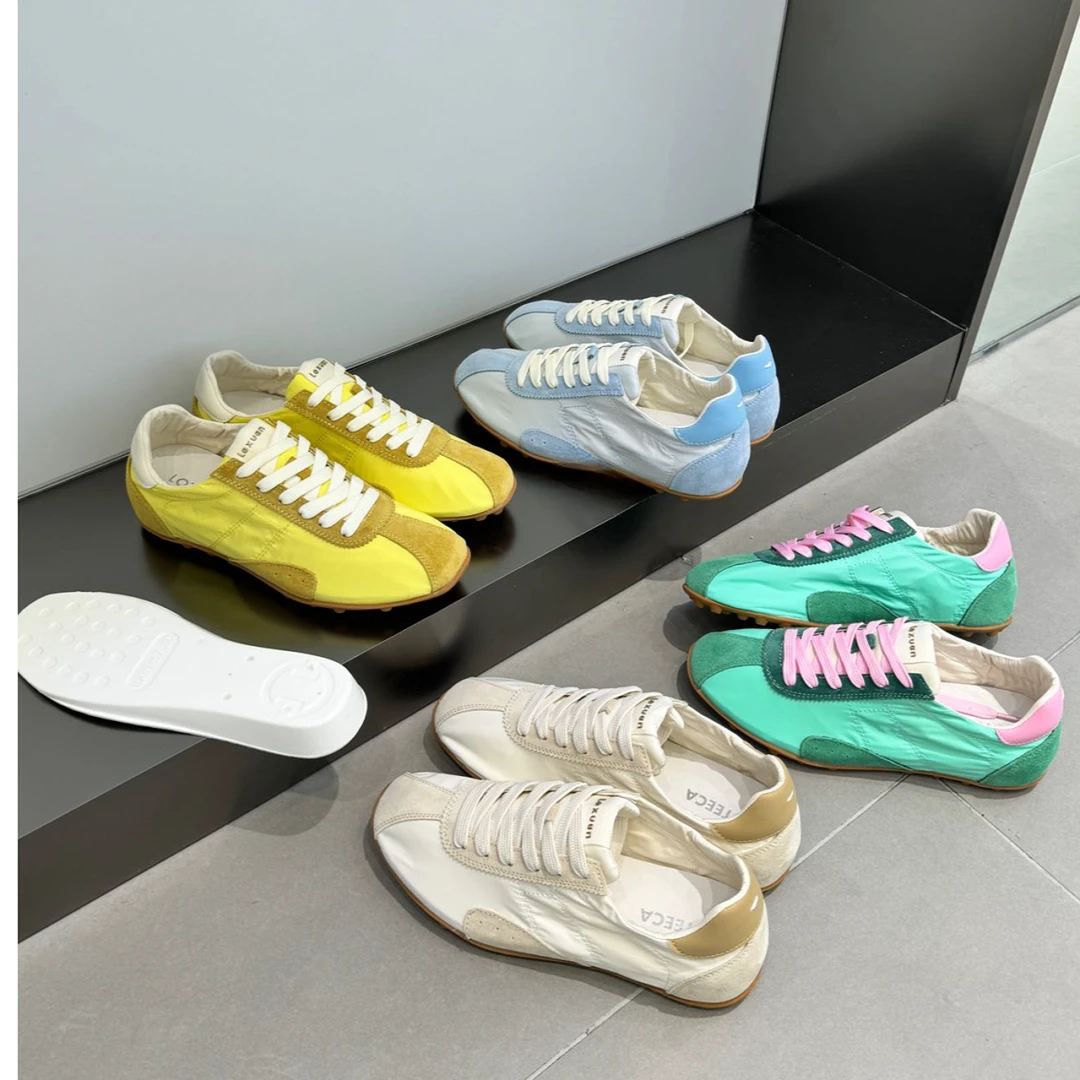 复古做旧休闲运动鞋女2025春夏新款拼色系带平底情侣德训鞋时尚