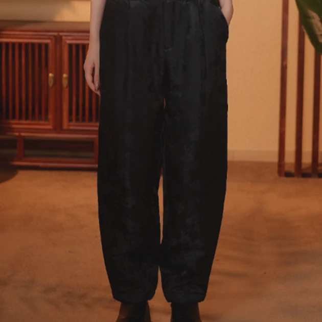 芹 新中式风桑蚕丝 香云纱黑色棉裤 24179