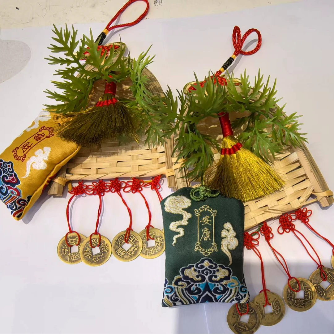 端午节插艾草花束竹编端阳粽子五彩绳五帝钱扫把簸箕挂件