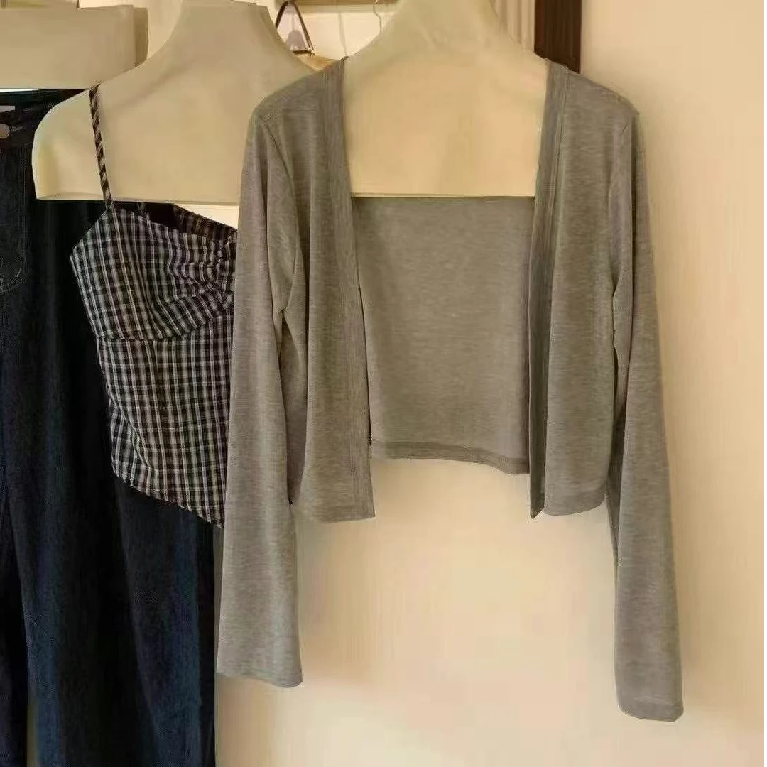 INS风外搭薄款短外套开衫吊带裙慵懒风时尚套装