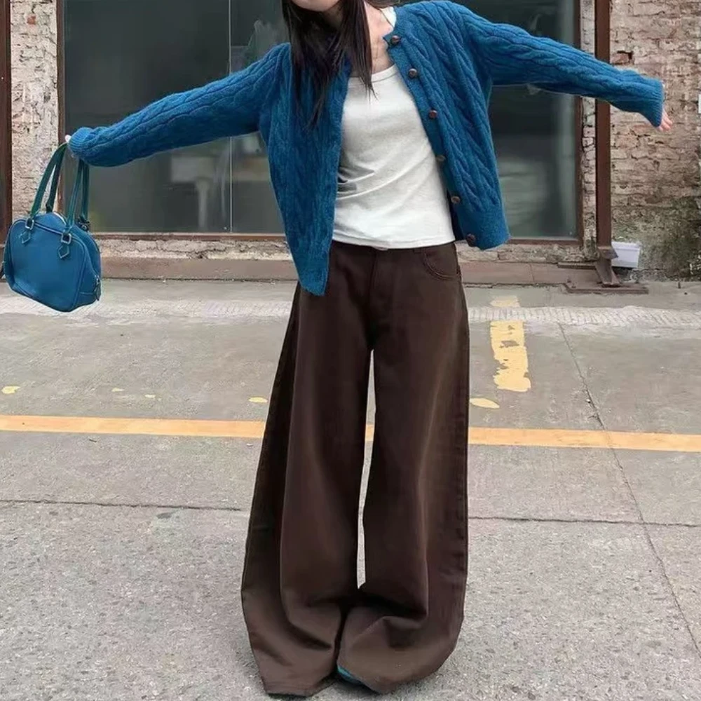 复古慵懒深色咖色阔腿牛仔裤女2025冬季新款显瘦高腰宽松直筒裤子