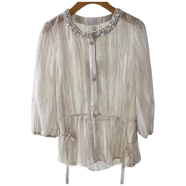 S 162款设计感长袖圆领时尚气质百搭洋气女士上衣夏季衬衫女装