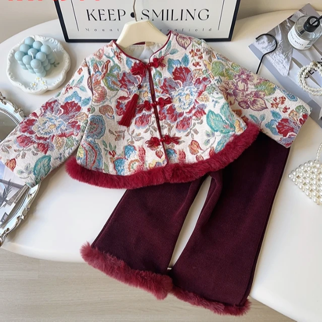 女童拜年服套装冬季新款加绒加厚小女孩外套裤子两件套AWA911