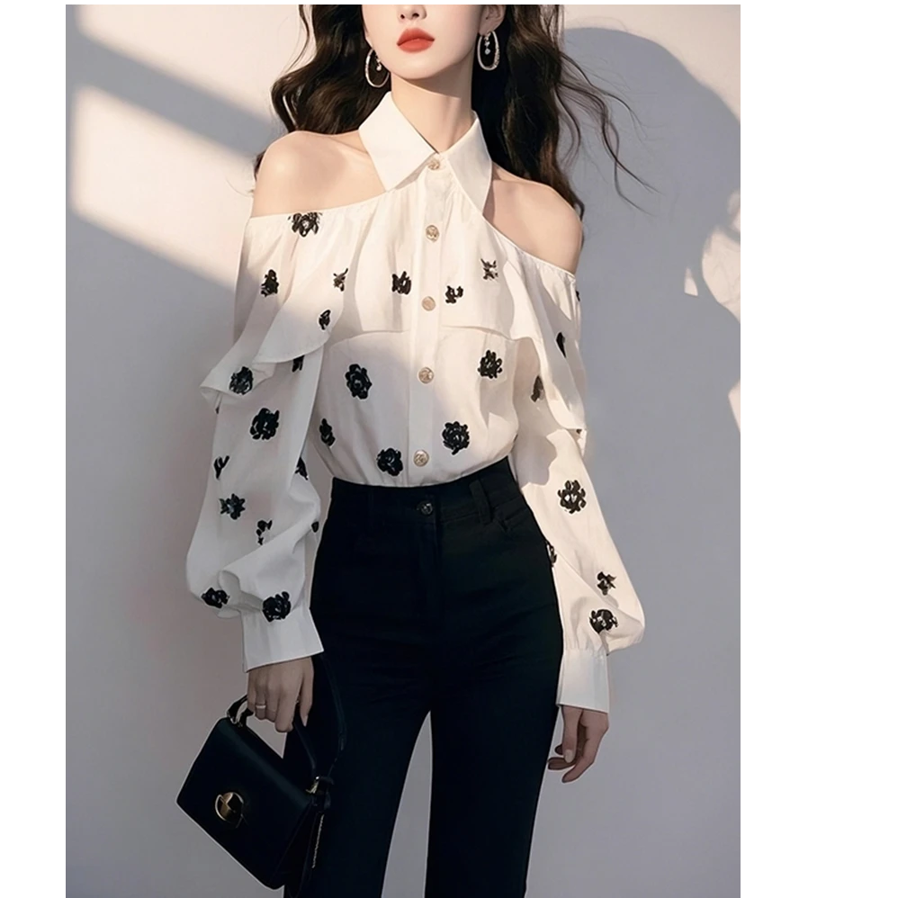 绝美高端白色露肩polo领碎花衬衫女早春新款设计感荷叶边衬衣上衣