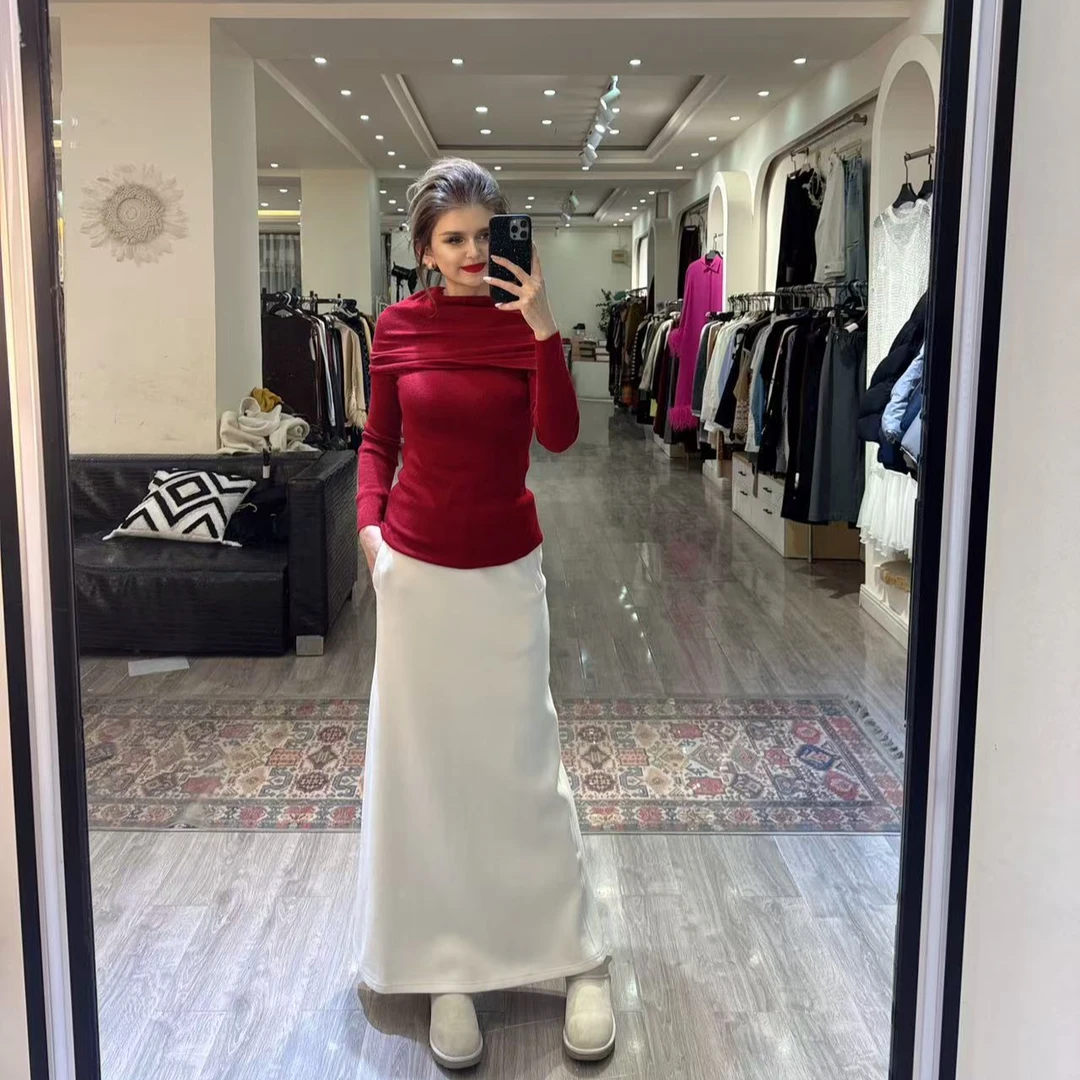 2024年自家原创设计个性领子毛衣高腰半裙运动面料半裙两件套套装