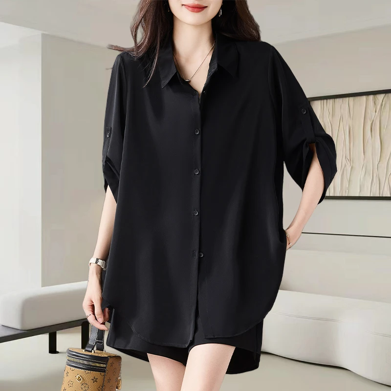中长款黑色翻领短袖衬衫女2025夏季新款大码宽松遮肉显瘦气质上衣