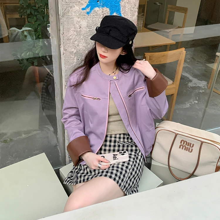 复古风设计感拼接PU皮衣短款夹克女春秋季新款简约机车风宽松外套
